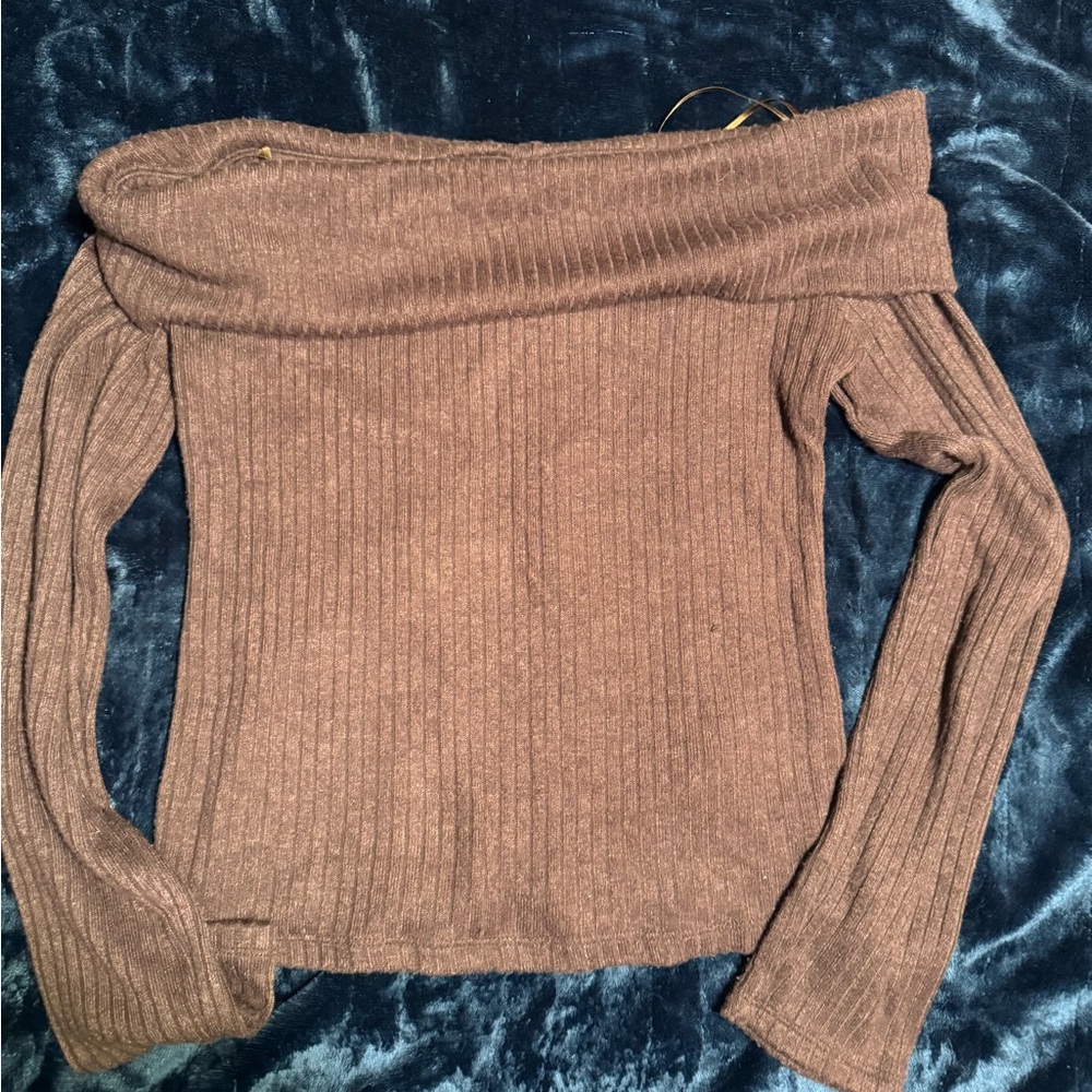 Brown Off-Shoulder Ribbed Sweater